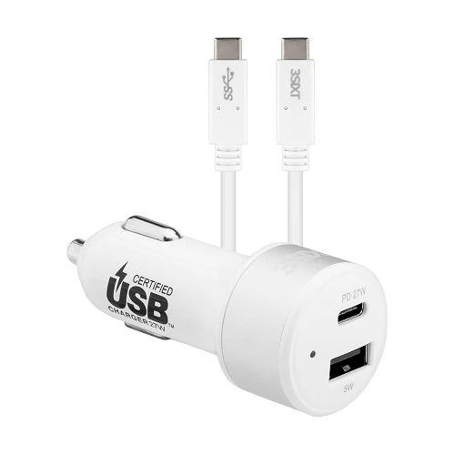3SIXT Car Charger 27W USB-C Power Delivery + USB-C/C Cable 1m - White - Image 6