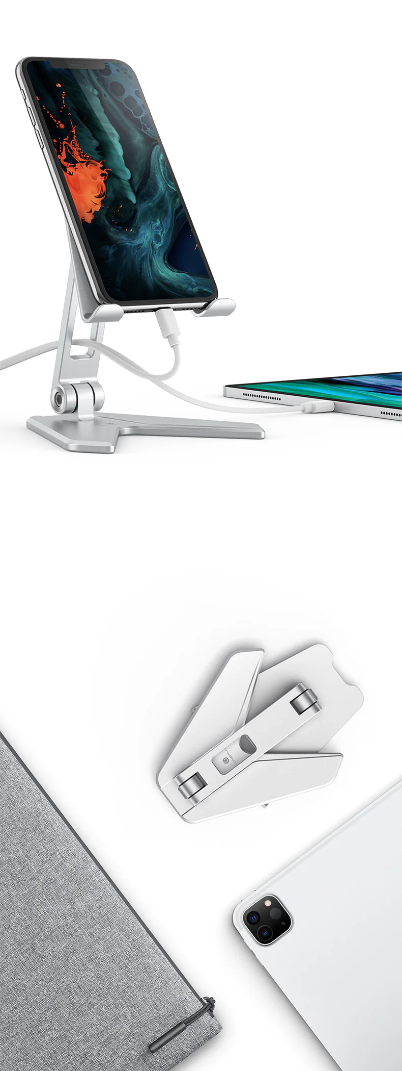 Aluminium Foldable Mobile & Tablet Stand Strong & Light weight - (Medium size) Silver - Image 10