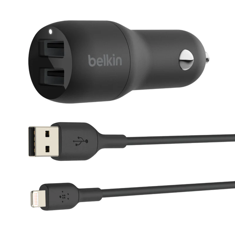 Belkin BoostCharge Dual USB-A Car Charger 24W + USB-A to Lightning Cable - Black - Image 2