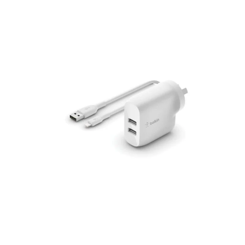 Belkin 24W Dual USB-A Wall Charger A-Lightning Cable - White - Image 2