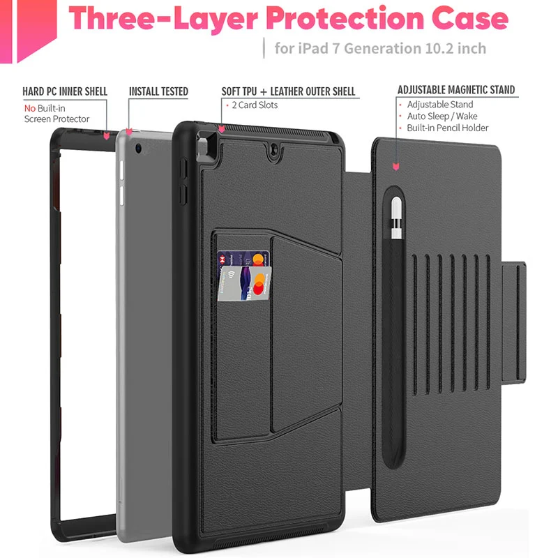 Folio Rugged Synthetic Leather Case iPad 9th & 8th & 7th Mag Latch & Kickstand - Black - Image 3