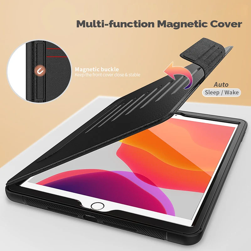 Folio Rugged Synthetic Leather Case iPad 9th & 8th & 7th Mag Latch & Kickstand - Black - Image 4