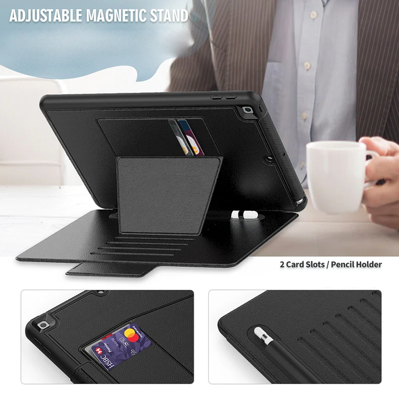 Folio Rugged Synthetic Leather Case iPad 9th & 8th & 7th Mag Latch & Kickstand - Black - Image 5