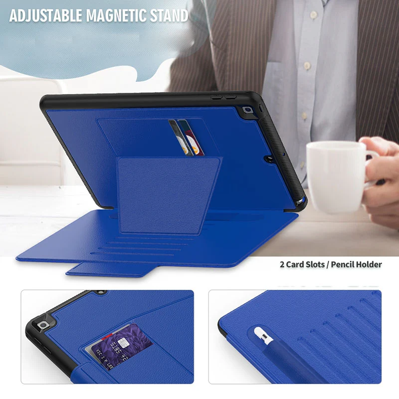 Folio Rugged Synthetic Leather Case iPad 9th & 8th & 7th Mag Latch & Kickstand - Blue - Image 3