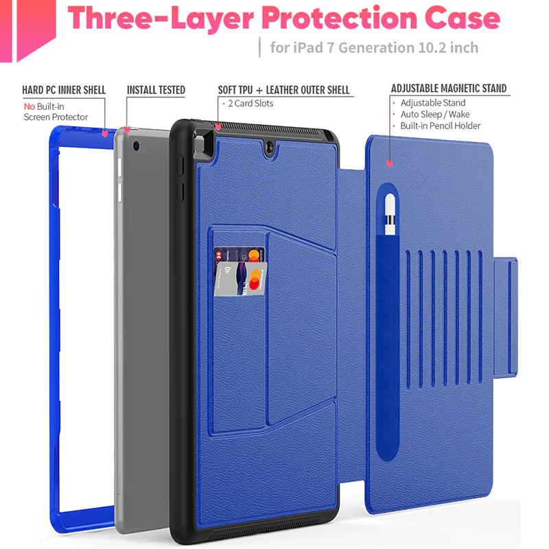 Folio Rugged Synthetic Leather Case iPad 9th & 8th & 7th Mag Latch & Kickstand - Blue - Image 6