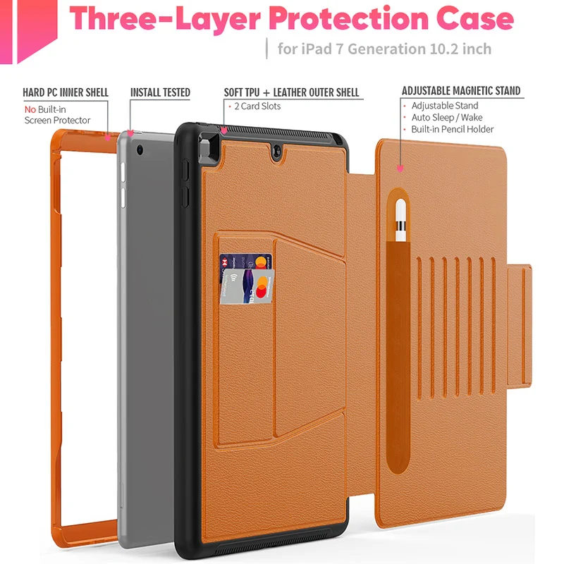 Folio Rugged Synthetic Leather Case iPad 9th & 8th & 7th Mag Latch & Kickstand - Brown - Image 2