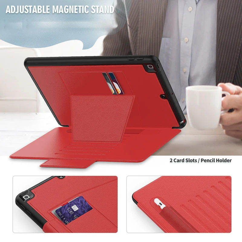 Folio Rugged Synthetic Leather Case iPad 9th & 8th & 7th Mag Latch & Kickstand - Red - Image 2