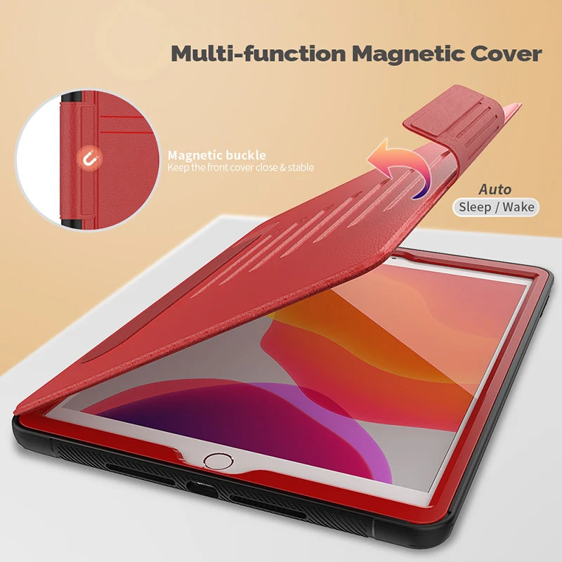 Folio Rugged Synthetic Leather Case iPad 9th & 8th & 7th Mag Latch & Kickstand - Red - Image 4