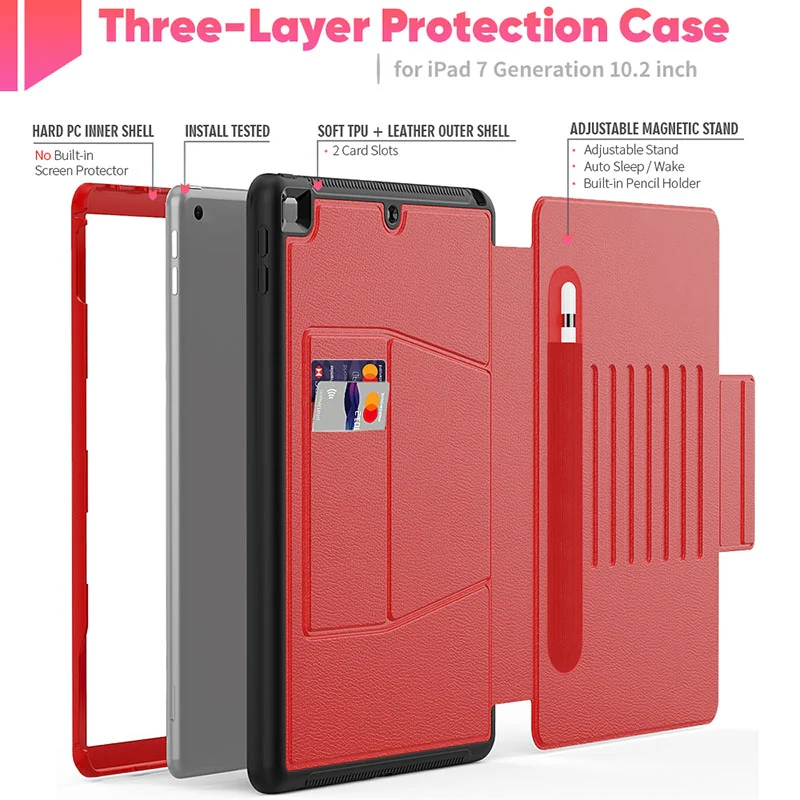 Folio Rugged Synthetic Leather Case iPad 9th & 8th & 7th Mag Latch & Kickstand - Red - Image 5