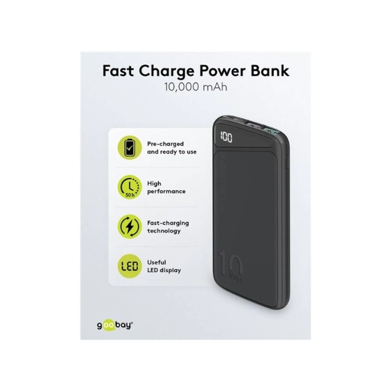Goobay Portable Powerbank 10K mAh LED USB-A QC/USB-C PD - Black - Image 2