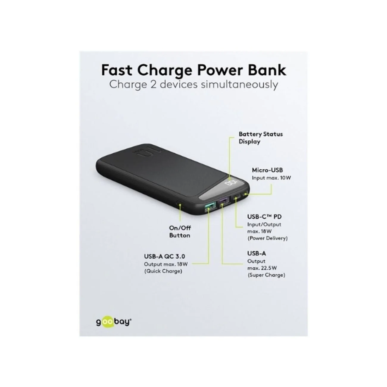 Goobay Portable Powerbank 10K mAh LED USB-A QC/USB-C PD - Black - Image 3