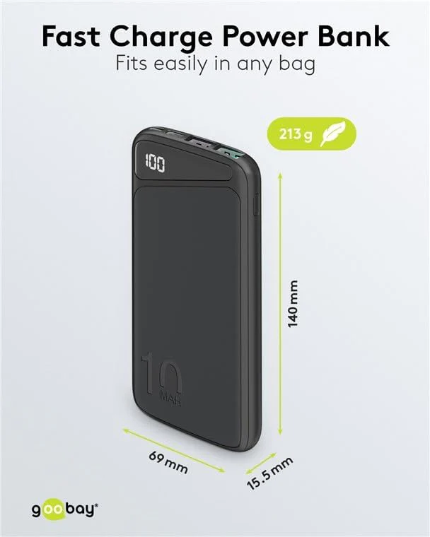 Goobay Portable Powerbank 10K mAh LED USB-A QC/USB-C PD - Black - Image 4
