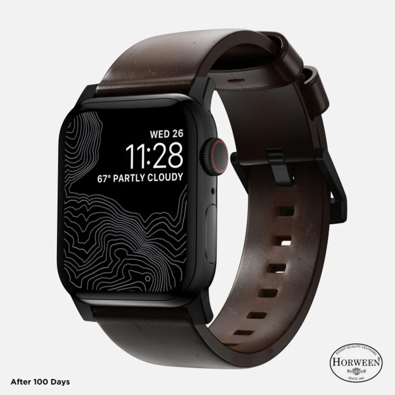 Nomad Modern Band Horween Leather Bracelet for Apple Watch 42-49 & Ultra 1 - 3 - Rustic Brown (Black Hardware) - Image 2