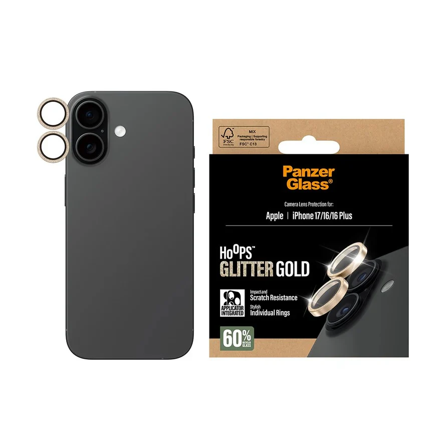 PanzerGlass Hoops® Lens Protector – iPhone 17 Standard / 16 / 16 Plus – Glitter Gold - Image 2