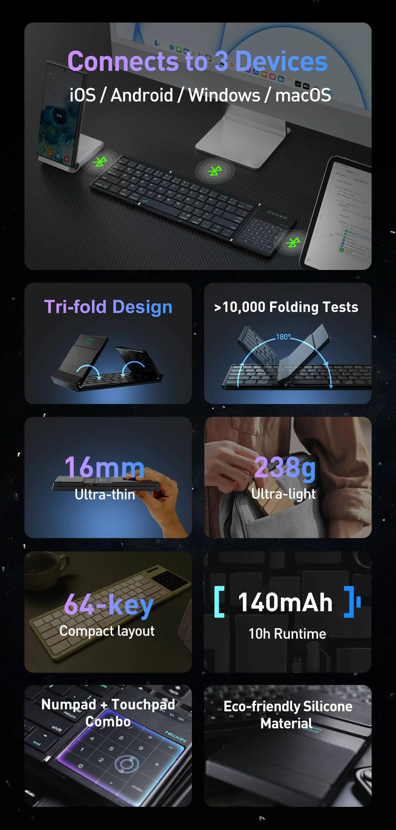 Portable Bluetooth Pocket Keyboard & Trackpad / Numpad Integration - Black - Image 9