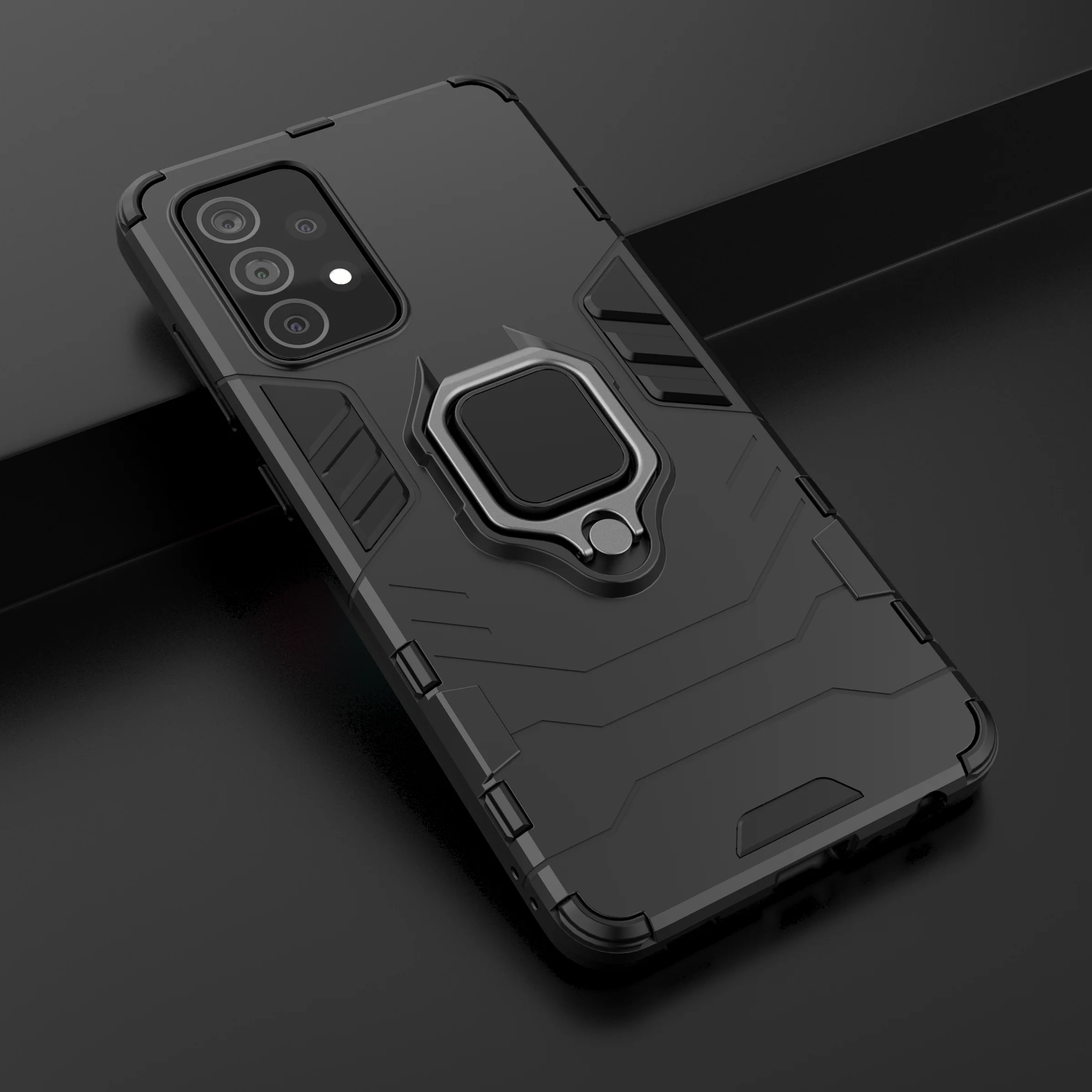 Rugged Armour Phone Case Samsung A52 4G & 5G Built in Ring Holder - Black - Image 2