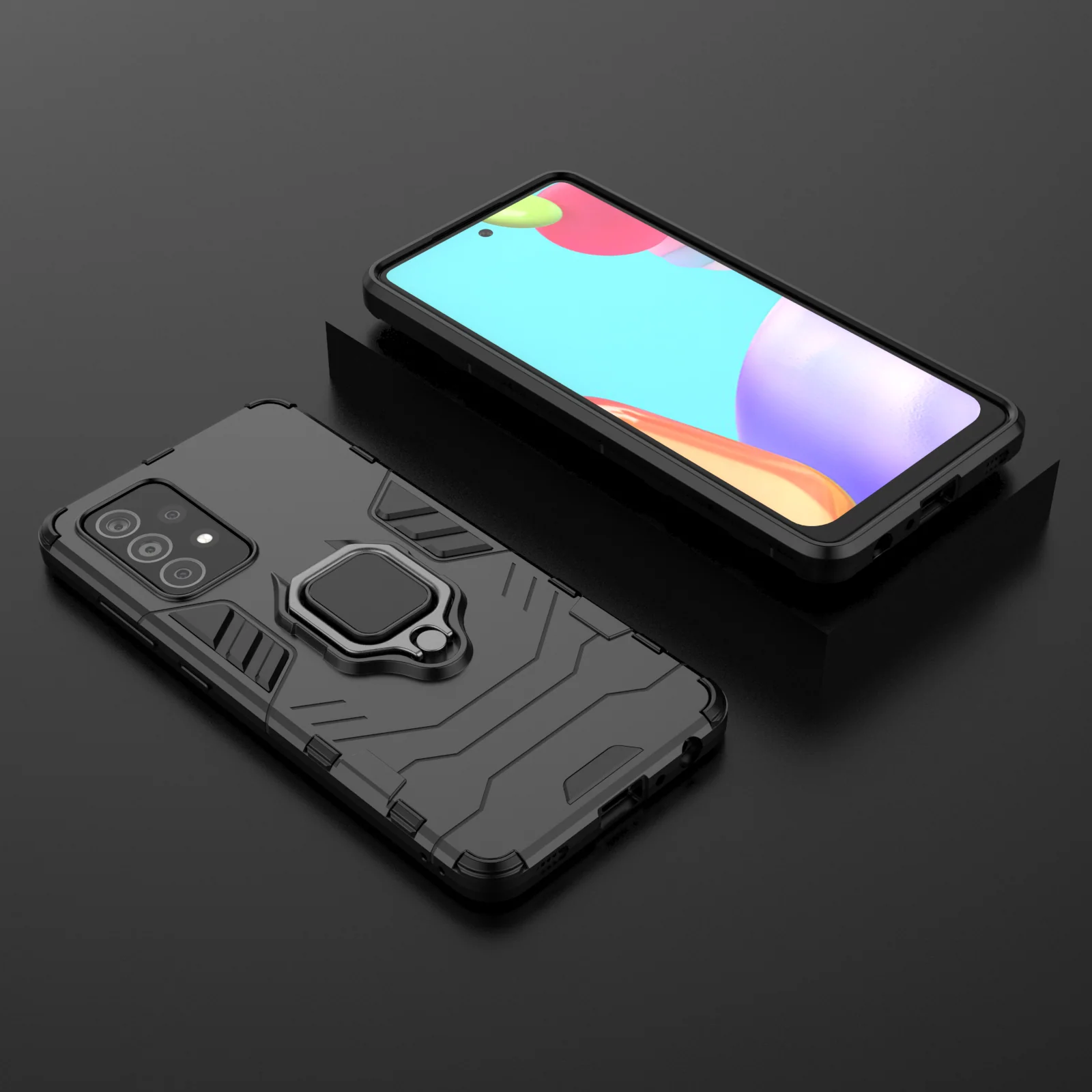 Rugged Armour Phone Case Samsung A52 4G & 5G Built in Ring Holder - Black - Image 3