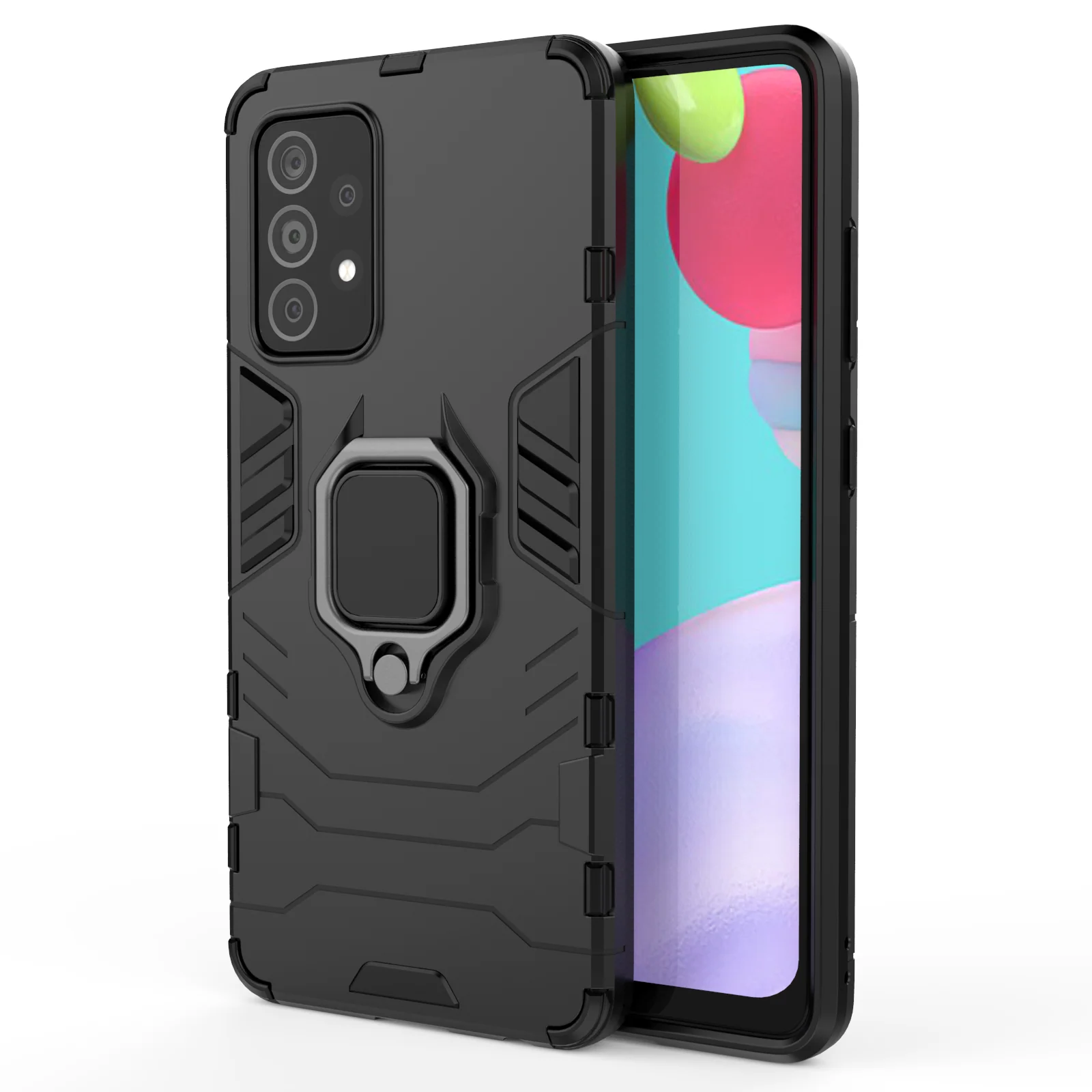 Rugged Armour Phone Case Samsung A52 4G & 5G Built in Ring Holder - Black - Image 4