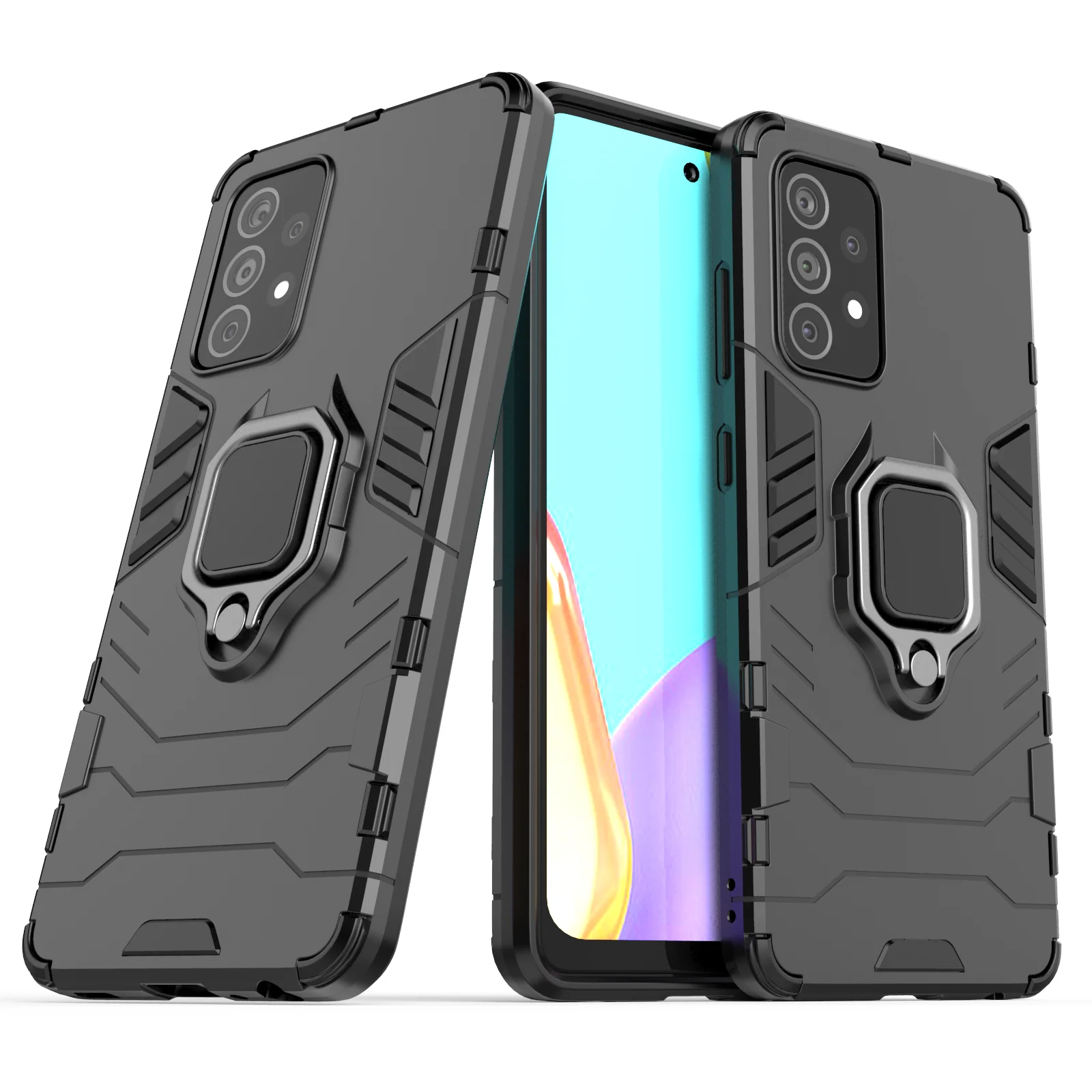 Rugged Armour Phone Case Samsung A52 4G & 5G Built in Ring Holder - Black - Image 5