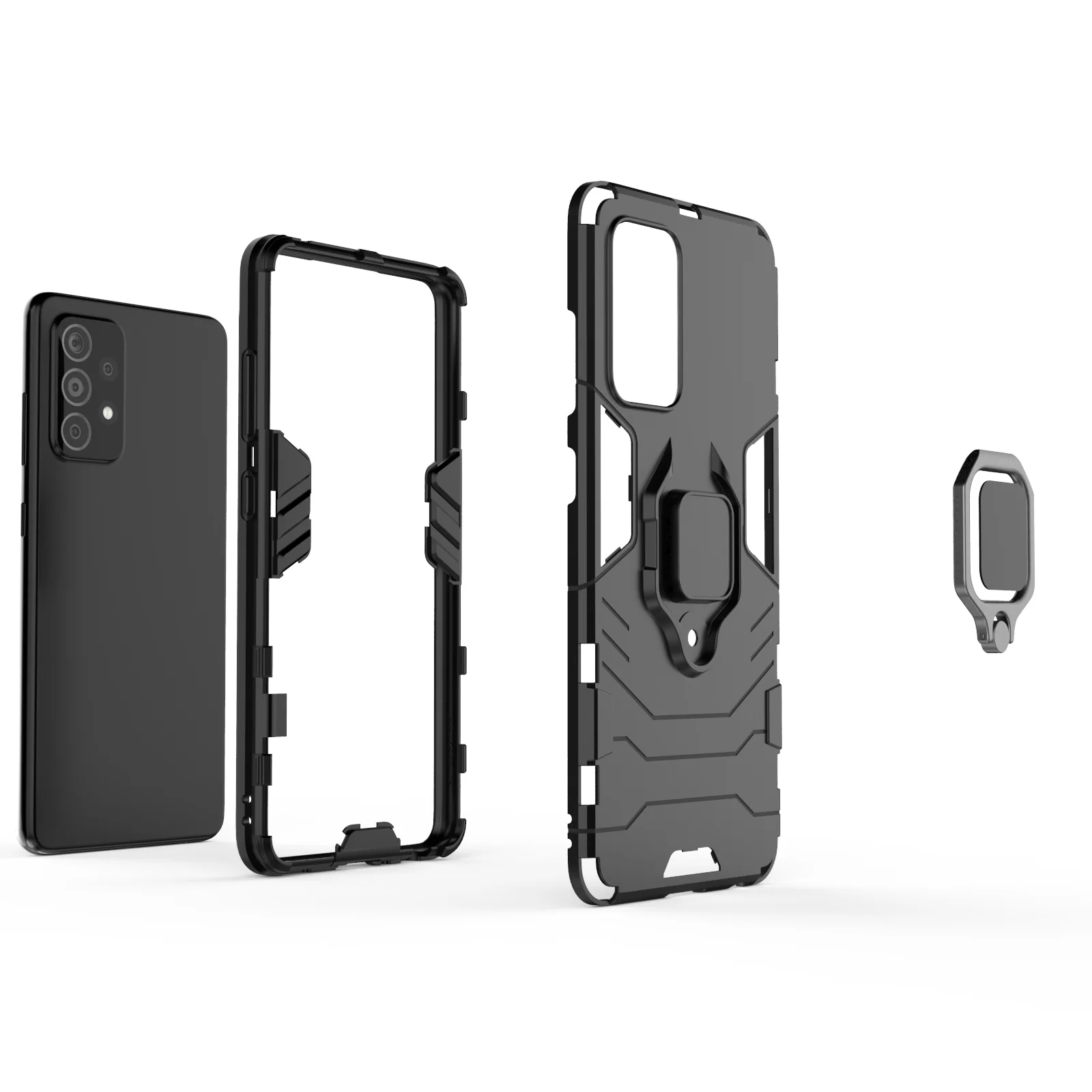 Rugged Armour Phone Case Samsung A52 4G & 5G Built in Ring Holder - Black - Image 6