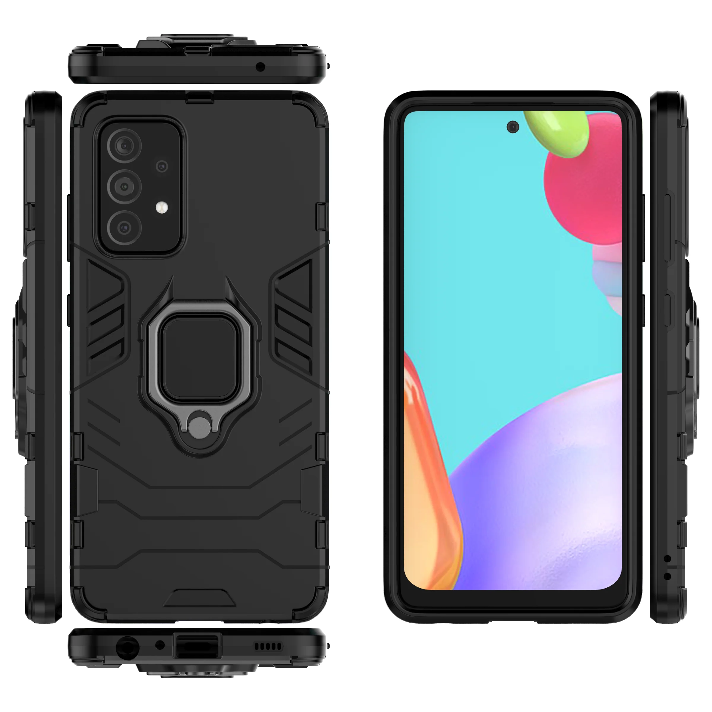 Rugged Armour Phone Case Samsung A52 4G & 5G Built in Ring Holder - Black - Image 9