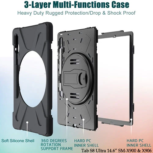 Rugged Case Hand & Shoulder Strap Samsung Tab S8 Ultra 14.6 inch X900 - Black - Image 10
