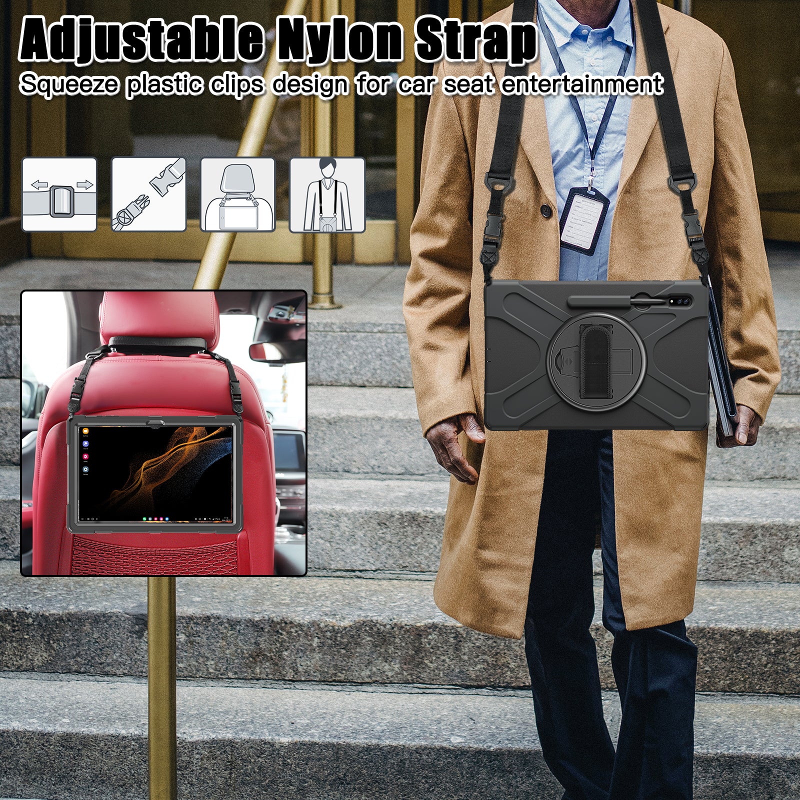 Rugged Case Hand & Shoulder Strap Samsung Tab S8 Ultra 14.6 inch X900 - Black - Image 7