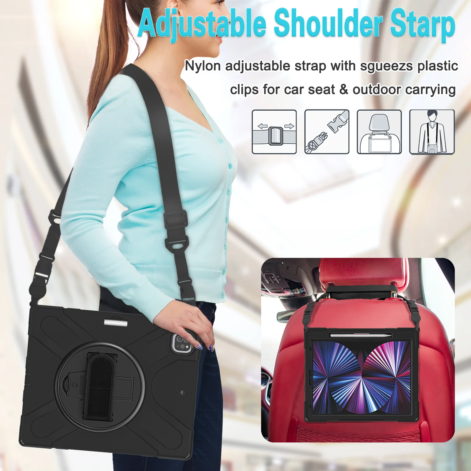 Rugged Case with Hand & Shoulder Strap iPad Pro 12.9 6th & 5th Gen 2021 - Black - Image 5