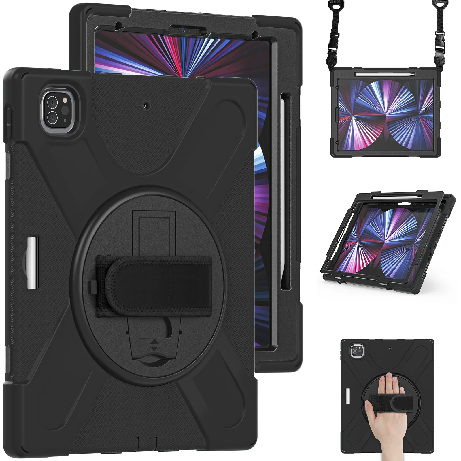 Rugged Case with Hand & Shoulder Strap iPad Pro 12.9 4th & 3rd Gen 2020 & 2018 - Black - Image 2
