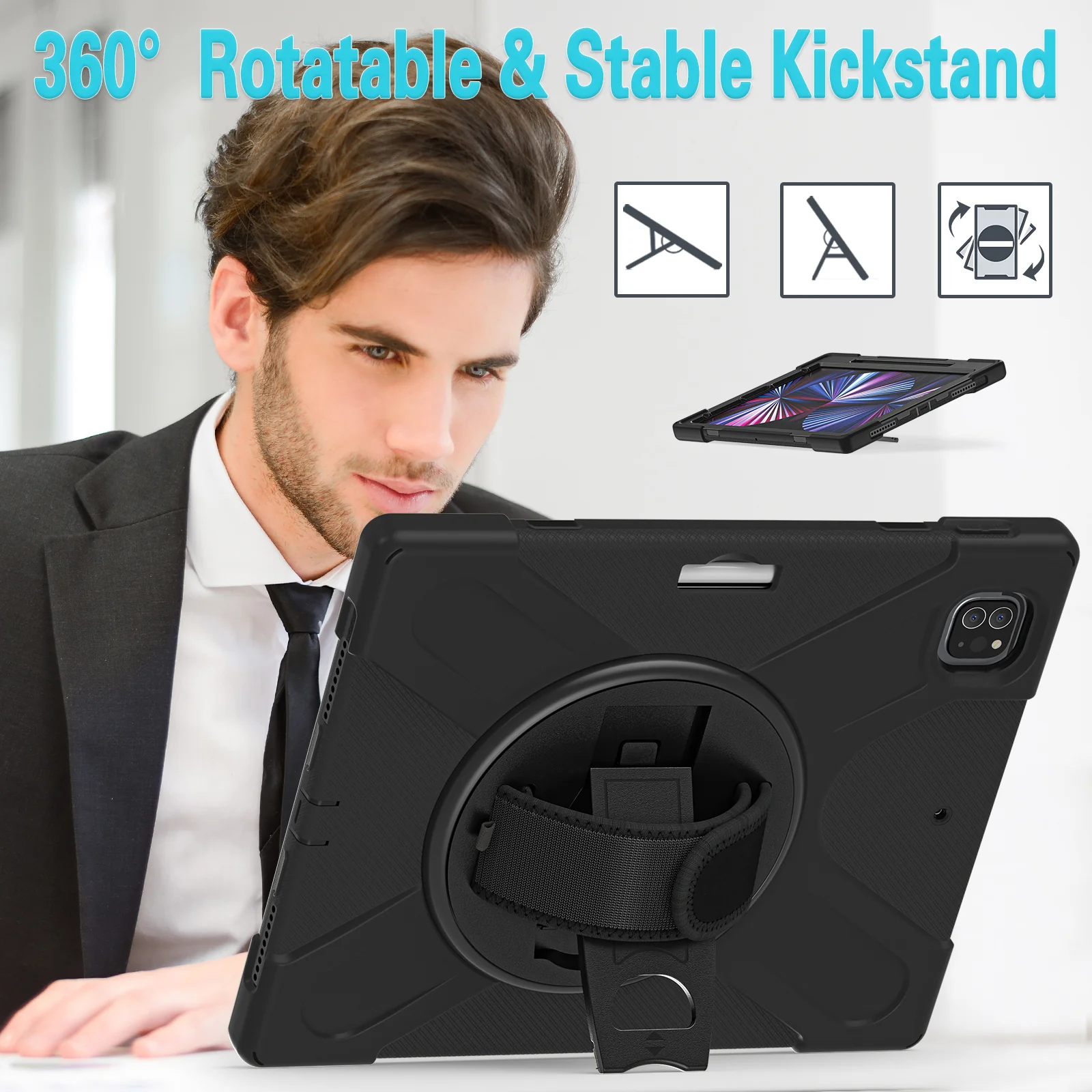 Rugged Case with Hand & Shoulder Strap iPad Pro 12.9 4th & 3rd Gen 2020 & 2018 - Black - Image 4