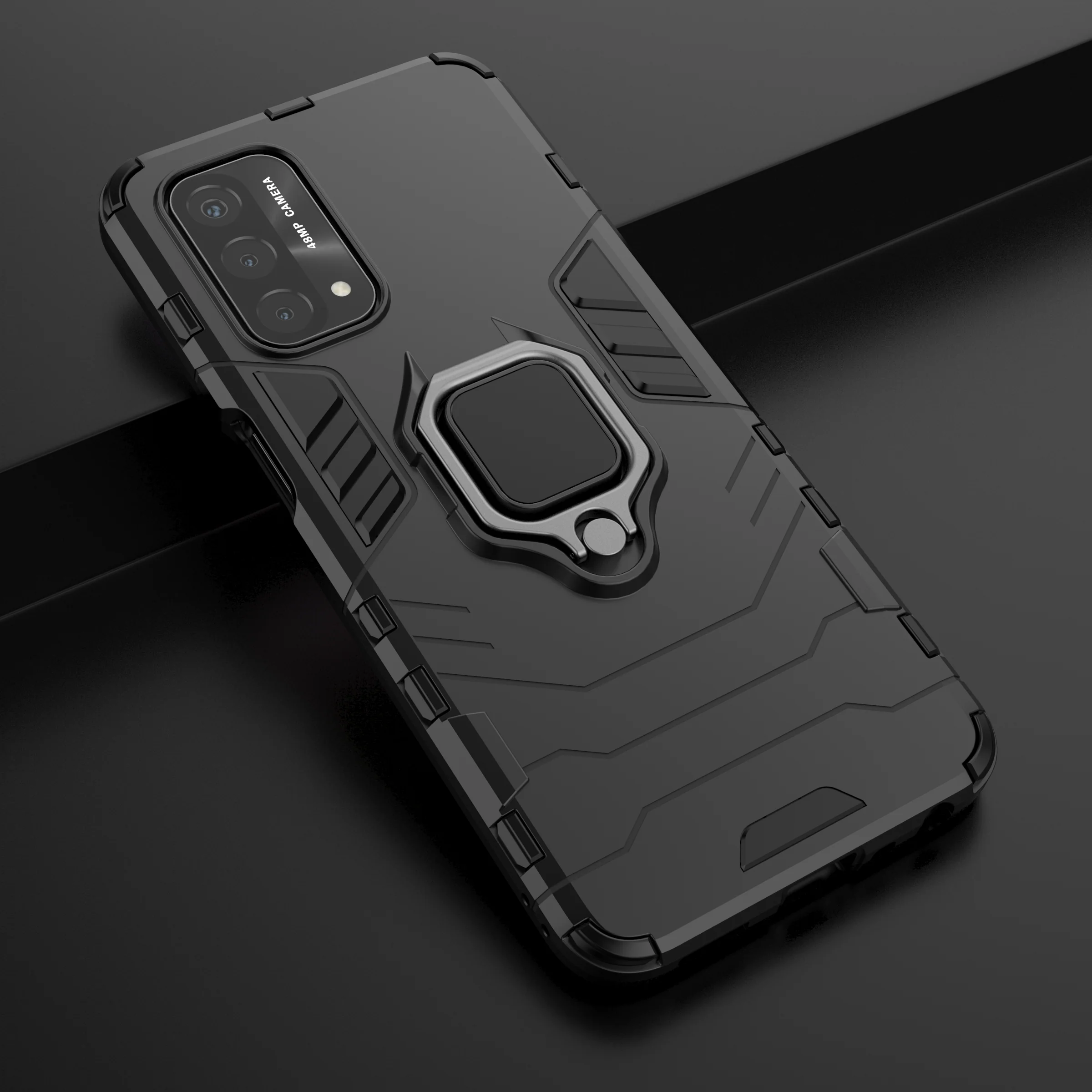 Rugged & Protective Case Oppo A74 5G & A54 5G with Ring Holder - Black - Image 2