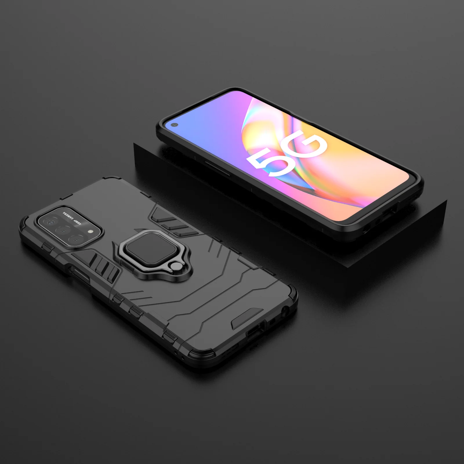 Rugged & Protective Case Oppo A74 5G & A54 5G with Ring Holder - Black - Image 3