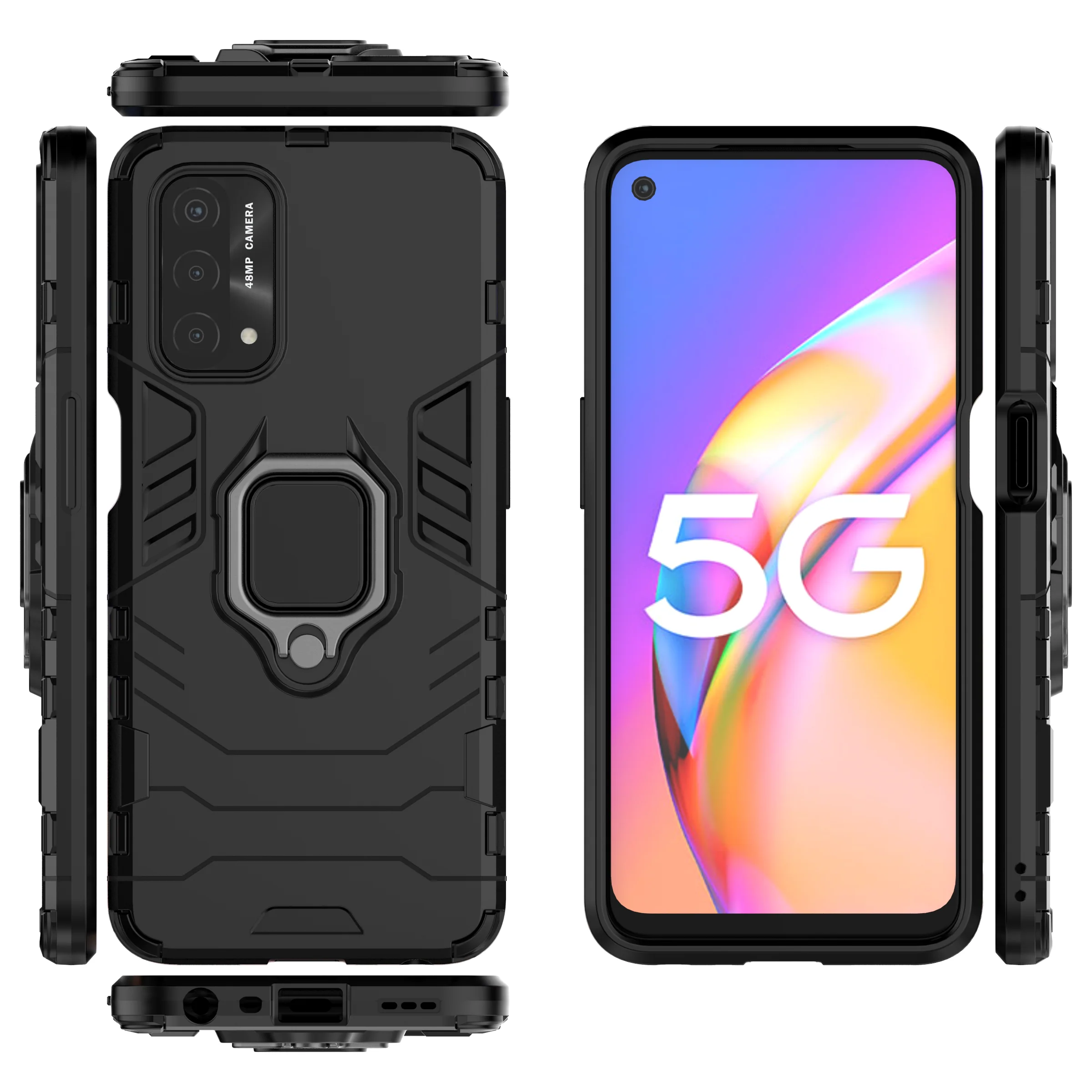 Rugged & Protective Case Oppo A74 5G & A54 5G with Ring Holder - Black - Image 9