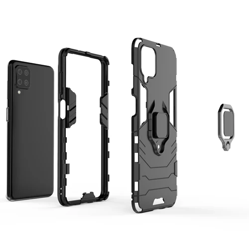 Rugged & Protective Armour Phone Case Samsung A12 Built in Ring Holder - Black - Image 2
