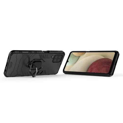 Rugged & Protective Armour Phone Case Samsung A12 Built in Ring Holder - Black - Image 4