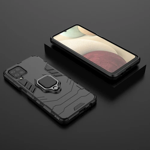 Rugged & Protective Armour Phone Case Samsung A12 Built in Ring Holder - Black - Image 5