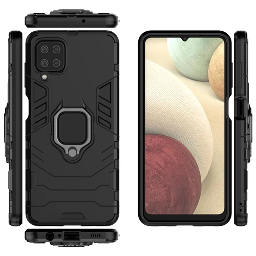 Rugged & Protective Armour Phone Case Samsung A12 Built in Ring Holder - Black - Image 6