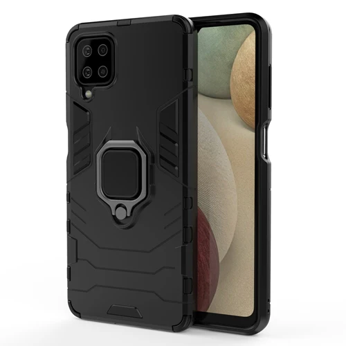 Rugged & Protective Armour Phone Case Samsung A12 Built in Ring Holder - Black - Image 7