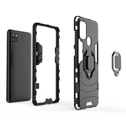 Rugged & Protective Armour Phone Case Samsung A21S Built in Ring Holder - Black - Image 2