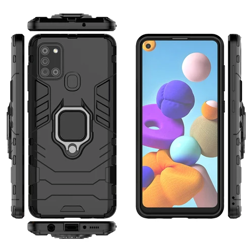 Rugged & Protective Armour Phone Case Samsung A21S Built in Ring Holder - Black - Image 8