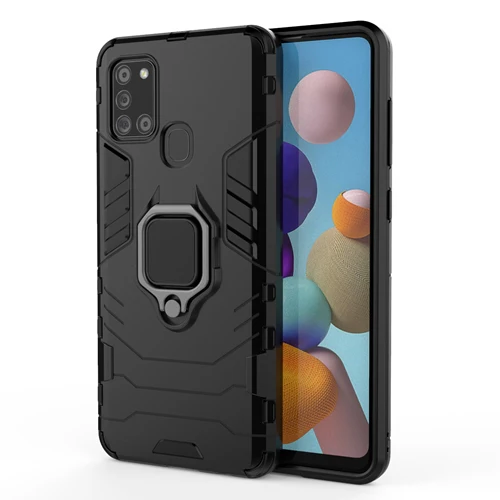 Rugged & Protective Armour Phone Case Samsung A21S Built in Ring Holder - Black - Image 9