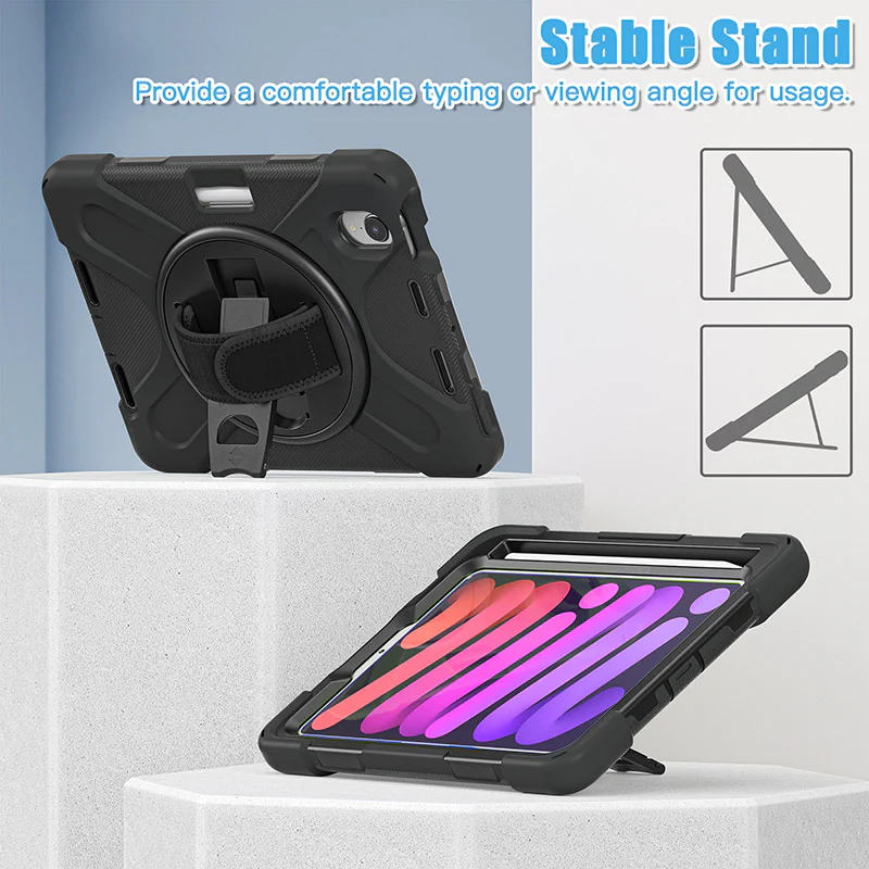 Rugged Protective Case Screen Guard, Hand & Shoulder Strap iPad Mini 6 / 7 - Black - Image 11
