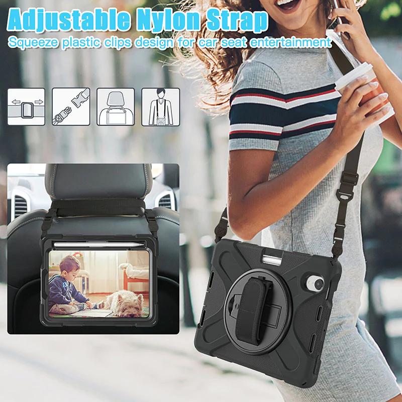 Rugged Protective Case Screen Guard, Hand & Shoulder Strap iPad Mini 6 / 7 - Black - Image 13