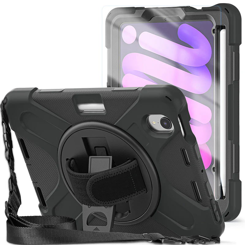Rugged Protective Case Screen Guard, Hand & Shoulder Strap iPad Mini 6 / 7 - Black - Image 2