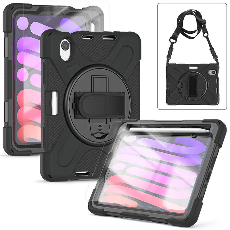 Rugged Protective Case Screen Guard, Hand & Shoulder Strap iPad Mini 6 / 7 - Black - Image 3
