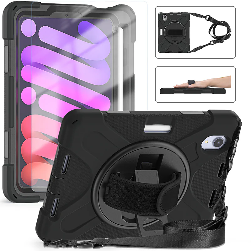 Rugged Protective Case Screen Guard, Hand & Shoulder Strap iPad Mini 6 / 7 - Black - Image 4