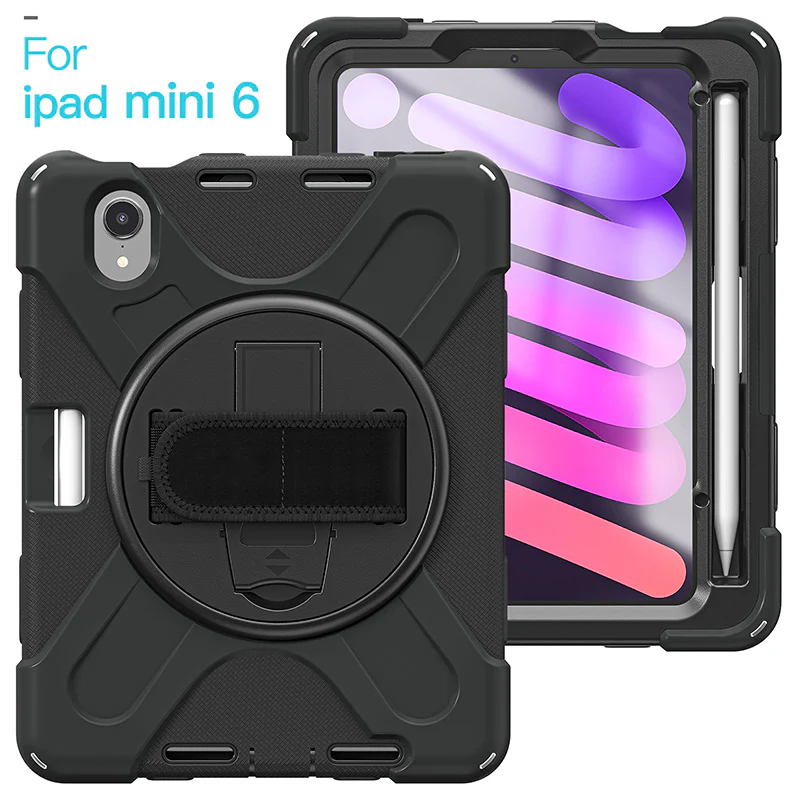 Rugged Protective Case Screen Guard, Hand & Shoulder Strap iPad Mini 6 / 7 - Black - Image 5
