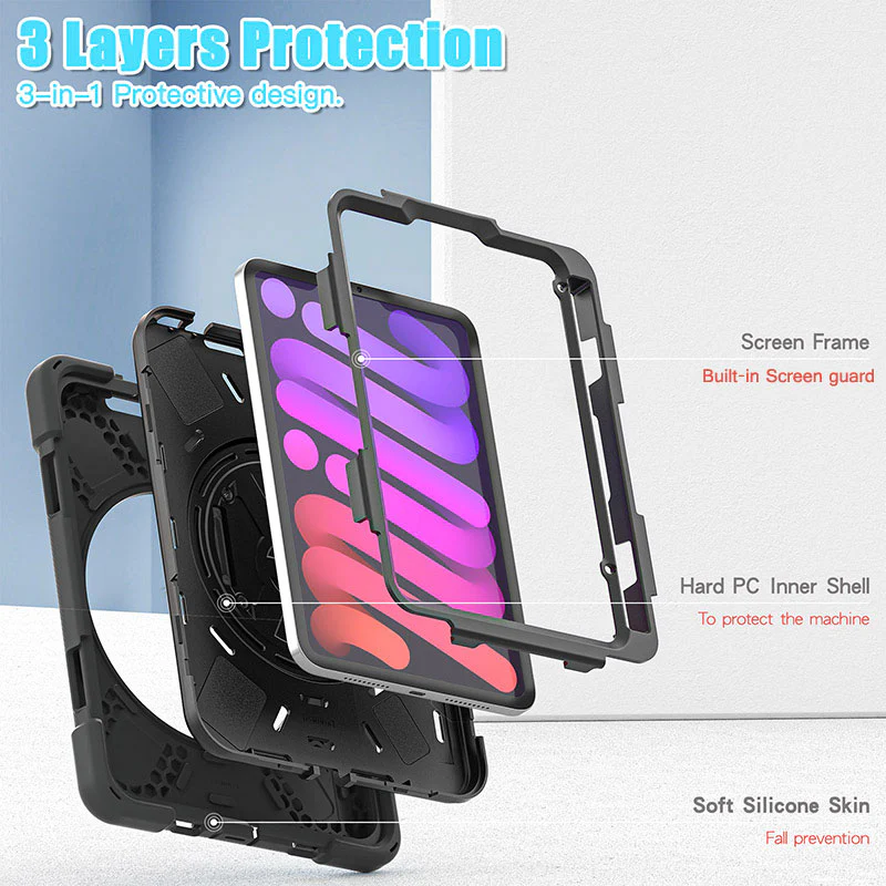 Rugged Protective Case Screen Guard, Hand & Shoulder Strap iPad Mini 6 / 7 - Black - Image 8