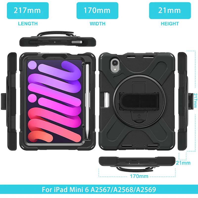 Rugged Protective Case Screen Guard, Hand & Shoulder Strap iPad Mini 6 / 7 - Black - Image 9