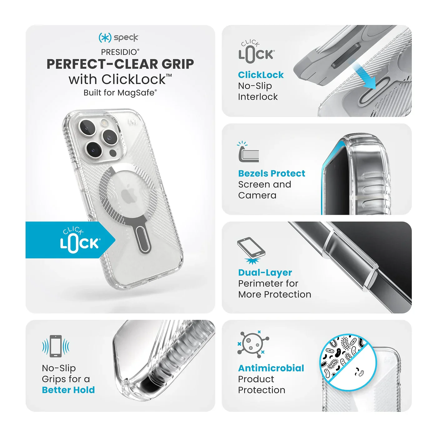 Speck Presidio Perfect-Clear Grip MagSafe with ClickLock iPhone 16 Pro Case - Clear Chrome - Image 7